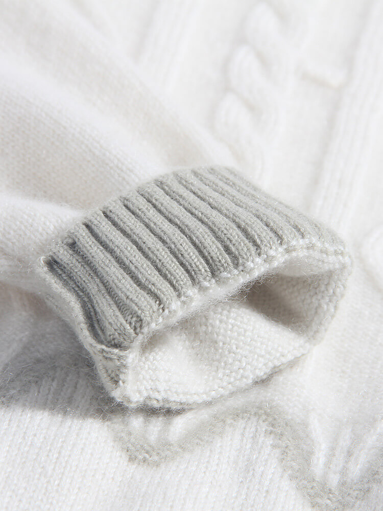Kids Soft White and Grey Nordic Cable Pattern Cashmere Sweater